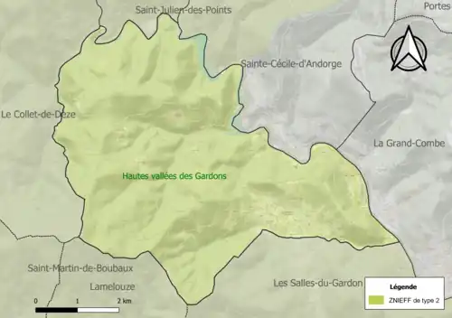 Carte de la ZNIEFF de type 2 sur la commune.