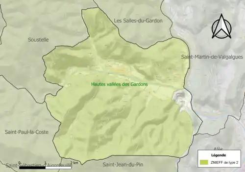 Carte de la ZNIEFF de type 2 sur la commune.