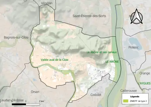 Carte des ZNIEFF de type 2 sur la commune.