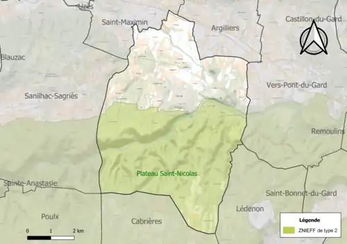 Carte de la ZNIEFF de type 2 sur la commune.