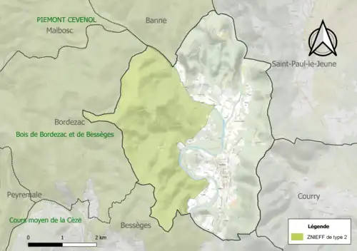 Carte de la ZNIEFF de type 2 sur la commune.