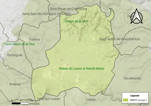 Carte des ZNIEFF de type 2 sur la commune.