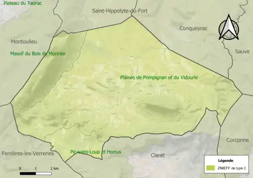 Carte des ZNIEFF de type 2 sur la commune.