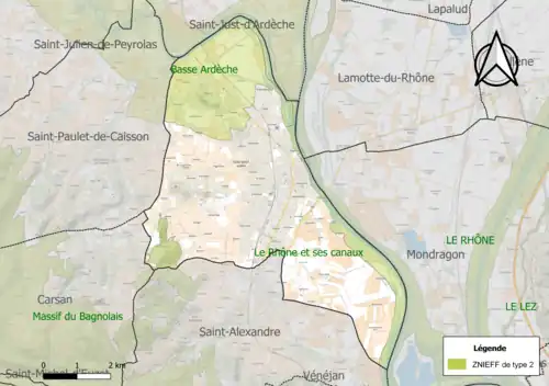 Carte des ZNIEFF de type 2 sur la commune.