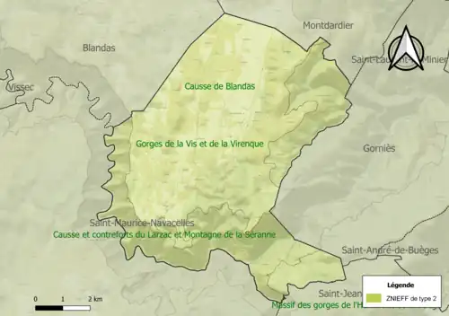 Carte des ZNIEFF de type 2 sur la commune.