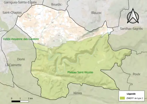 Carte des ZNIEFF de type 2 sur la commune.