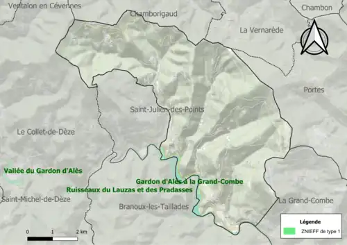 Carte de la ZNIEFF de type 1 sur la commune.
