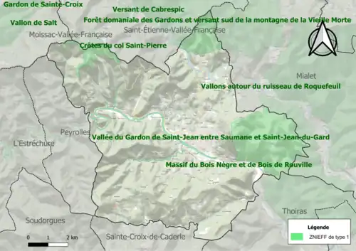 Carte des ZNIEFF de type 1 sur la commune.