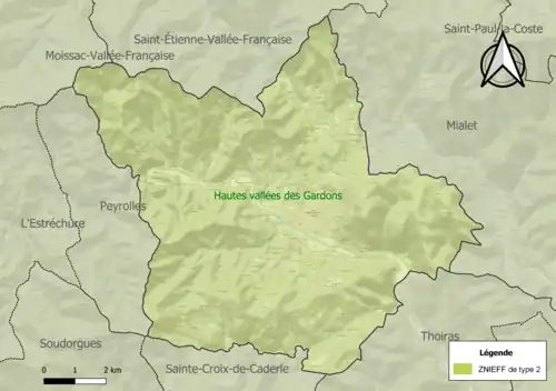 Carte de la ZNIEFF de type 2 sur la commune.