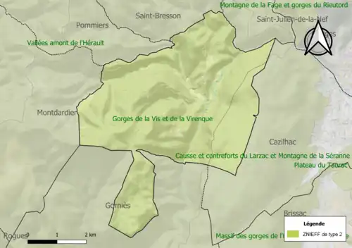 Carte des ZNIEFF de type 2 sur la commune.