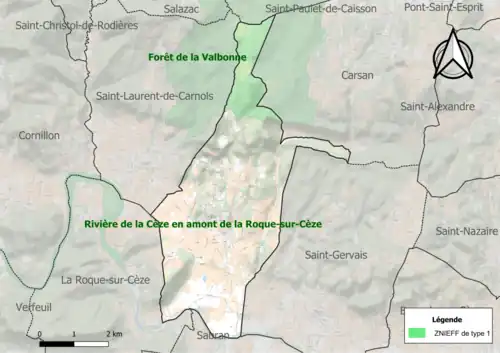 Carte de la ZNIEFF de type 1 sur la commune.