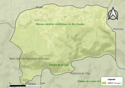 Carte des ZNIEFF de type 2 sur la commune.