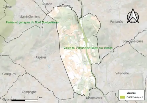 Carte de la ZNIEFF de type 2 sur la commune.