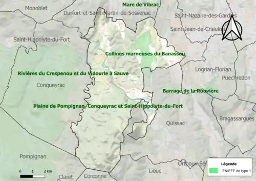Carte des ZNIEFF de type 1 sur la commune.