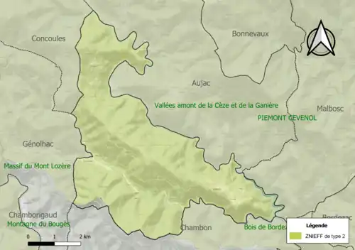 Carte de la ZNIEFF de type 2 sur la commune.