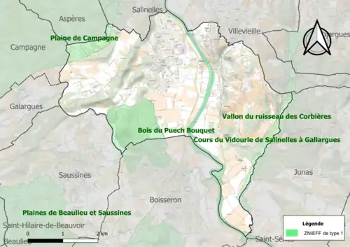 Carte des ZNIEFF de type 1 sur la commune.