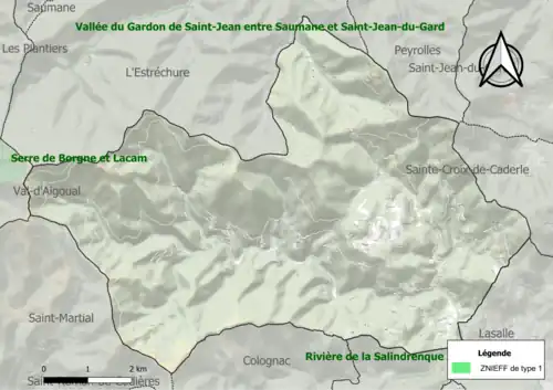 Carte des ZNIEFF de type 1 sur la commune.