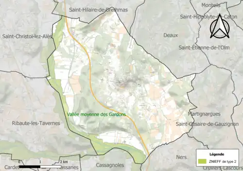 Carte de la ZNIEFF de type 2 sur la commune.