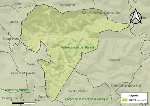 Carte de la ZNIEFF de type 2 sur la commune.