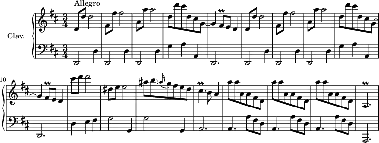 \version "2.18.2"
\header {
tagline = ##f
% composer = "Domenico Scarlatti"
% opus = "K. 389"
% meter = "Allegro"
}
%% les petites notes
trillFisq = { \tag #'print { fis8\prall } \tag #'midi { g32 fis g fis } }
trillAbp = { \tag #'print { a2.\prall } \tag #'midi { b32 a b a~ a8~ a2 } }
trillCisp = { \tag #'print { cis4.\prall } \tag #'midi { d32 cis d cis~ cis4 } }
upper = \relative c'' {
\clef treble
\key d \major
\time 3/4
\tempo 4 = 132
\set Staff.midiInstrument = #"harpsichord"
\override TupletBracket.bracket-visibility = ##f
s8*0^\markup{Allegro}
\repeat unfold 2 { d,8 d' d2 | fis,8 fis' fis2 | a,8 a' a2 | d,8 d' cis d, cis g~ | g4 \trillFisq e8 d4 } |
% ms. 11
cis''8 d d2 | dis,8 e e2 | ais8 b \appoggiatura a16 g8 fis e d | \trillCisp b8 a4 | \repeat unfold 3 { a'8 a a, a fis d } |
% ms. 18
\trillAbp
% ms. 21
}
lower = \relative c' {
\clef bass
\key d \major
\time 3/4
\set Staff.midiInstrument = #"harpsichord"
\override TupletBracket.bracket-visibility = ##f
% ************************************** \appoggiatura a16 \repeat unfold 2 { } \times 2/3 { } \omit TupletNumber
\repeat unfold 2 { \repeat unfold 3 { d,,2 d'4 } | g4 a a, | d,2. } |
% ms. 11
d'4 e fis | \repeat unfold 2 { g2 g,4 } | a2. | \repeat unfold 3 { a4. a'8 fis d } |
% ms. 18
a,2.
% ms. 21
}
thePianoStaff = \new PianoStaff <<
\set PianoStaff.instrumentName = #"Clav."
\new Staff = "upper" \upper
\new Staff = "lower" \lower
>>
\score {
\keepWithTag #'print \thePianoStaff
\layout {
#(layout-set-staff-size 17)
\context {
\Score
\override SpacingSpanner.common-shortest-duration = #(ly:make-moment 1/2)
\remove "Metronome_mark_engraver"
}
}
}
\score {
\keepWithTag #'midi \thePianoStaff
\midi { }
}