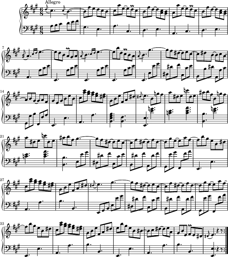 \version "2.18.2"
\header {
tagline = ##f
% composer = "Domenico Scarlatti"
% opus = "K. 269"
% meter = "Allegro"
}
%% les petites notes
appoA = { \tag #'print { \appoggiatura < gis b >8 a4. } \tag #'midi { < gis b >4 \tempo 4. = 35 a8 \tempo 4. = 82 } }
appoE = { \tag #'print { \appoggiatura dis8 e4. } \tag #'midi { dis4 \tempo 4. = 35 e8 \tempo 4. = 82 } }
appoEsa = { \tag #'print { \appoggiatura dis8 e4. } \tag #'midi { dis4 \tempo 4. = 60 e8 \tempo 4. = 82 } }
trillDq = { \tag #'print { d8\prall } \tag #'midi { e32 d e d } }
trillAq = { \tag #'print { a8\prall } \tag #'midi { b32 a b a } }
trillCisq = { \tag #'print { cis8\prall } \tag #'midi { d32 cis d cis } }
trillFisq = { \tag #'print { fis8\prall } \tag #'midi { gis32 fis gis fis } }
appoB = { \tag #'print { \appoggiatura a8 b4. } \tag #'midi { a4 \tempo 4. = 35 b8 \tempo 4. = 82 } }
upper = \relative c'' {
\clef treble
\key a \major
\time 6/8
\tempo 4. = 82
\set Staff.midiInstrument = #"harpsichord"
\override TupletBracket.bracket-visibility = ##f
\repeat volta 2 {
s8*0^\markup{Allegro}
\appoggiatura d8 cis4. \appoggiatura cis8 b4.~ | b8 fis' e d cis b | cis a' e~ e \trillDq cis8 | b fis' d~ d < a cis >8 < gis b > |
% ms. 5
a8 a' e~ e \trillDq cis8 | b fis' d~ d < a cis >8 < gis b > | \appoA \grace { \tempo 4. = 56 cis16 d } \tempo 4. = 82 e4.~ | e8 d b \trillAq gis a \appoB \grace { \tempo 4. = 56 cis16 d } \tempo 4. = 82 e4.~
% ms. 10
e8 b' d, \trillCisq b8 a | \appoB gis'4.~ | gis8 fis dis~ dis e cis~ | cis dis b~ b cis a~ | a b gis~ gis a fis |
% ms. 15
gis8 e gis b e b | cis < a' cis >8 < gis b > < fis a > < e gis > < dis fis > | gis,8 b e fis, a dis | \appoE \repeat unfold 2 { b8 g' fis | a dis, e c' dis, e |
% ms. 20
ais8 b fis } gis4.~ | gis8 fis dis~ dis e cis~ | cis fis dis~ dis fis dis~ |
% ms. 25
dis8 gis e~ e a fis~ | fis b gis e b dis | cis < a' cis >8 < gis b > < fis a > < e gis > < dis fis > | gis,8 b e fis, a dis | \appoEsa gis4.~ |
% ms. 30
gis8 fis dis~ dis e cis~ | cis fis dis~ dis fis dis~ | dis gis e~ e a fis~ | fis b gis e b dis | cis < a' cis >8 < gis b > < fis a > < e gis > < dis fis > |
% ms. 35
gis,8 b e fis, a dis | e b' gis e b bis~ | bis cis dis~ dis e a, | gis b e, \trillFisq e8 dis | \appoE r4 r8 }%reprise
}
lower = \relative c' {
\clef bass
\key a \major
\time 6/8
\set Staff.midiInstrument = #"harpsichord"
\override TupletBracket.bracket-visibility = ##f
\repeat volta 2 {
% ************************************** \appoggiatura a16 \repeat unfold 2 { } \times 2/3 { } \omit TupletNumber
\grace s8 a8 b cis d e fis | gis,4. e | a cis, | d e |
% ms. 5
a,4. cis | d e | a, a'8 cis e | \repeat unfold 3 { e,,4. a'8 cis e } |
% ms. 11
e,,4. e'8 e' gis | dis, dis' fis cis, cis' e | b, b' dis a, a' cis | gis, gis' b fis, fis' a |
% ms. 15
e,4. e' | a, a' | < b, e gis b >4. < b fis' > | < e, e' >4. \repeat unfold 2 { < e'' g > | < c e > < c e a > |
% ms. 20 et 22 suite…
< b, b' >4. } e8 e' gis | dis, dis' fis cis, cis' e | b, dis' fis a,, dis' fis |
% ms. 25
gis,,8 e'' gis fis,, fis'' a | e,,4. e' | a, a' | b b, | e,8 gis b e e' gis |
% ms. 30
dis,8 dis' fis cis, cis' e | b, dis' fis a,, dis' fis | gis,, e'' gis fis,, fis'' a | \repeat unfold 2 { e,,4. e' | a, a' |
% ms. 35
b4. b, } | < e, e' >4. r4 r8 }%reprise
}
thePianoStaff = \new PianoStaff <<
\set PianoStaff.instrumentName = #"Clav."
\new Staff = "upper" \upper
\new Staff = "lower" \lower
>>
\score {
\keepWithTag #'print \thePianoStaff
\layout {
#(layout-set-staff-size 17)
\context {
\Score
\override SpacingSpanner.common-shortest-duration = #(ly:make-moment 1/2)
\remove "Metronome_mark_engraver"
}
}
}
\score {
\unfoldRepeats
\keepWithTag #'midi \thePianoStaff
\midi { }
}