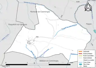 Carte en couleur présentant le réseau hydrographique de la commune
