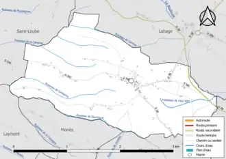 Carte en couleur présentant le réseau hydrographique de la commune