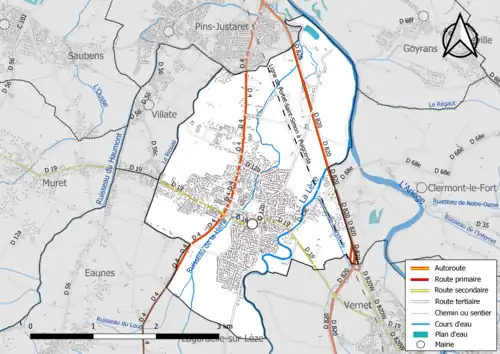 Carte en couleur présentant le réseau hydrographique de la commune