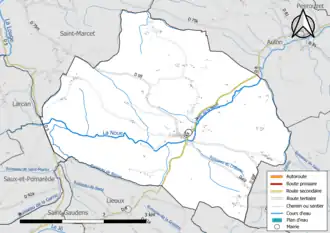 Carte en couleur présentant le réseau hydrographique de la commune