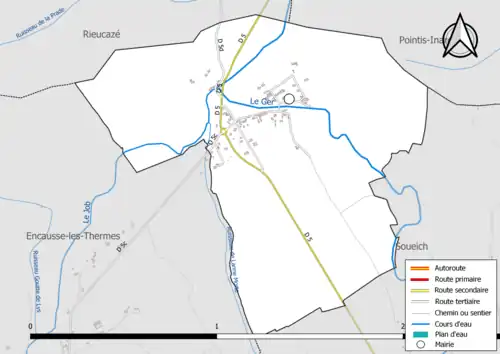 Carte en couleur présentant le réseau hydrographique de la commune