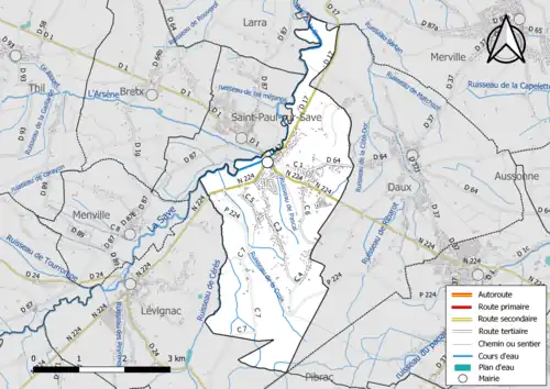 Carte en couleur présentant le réseau hydrographique de la commune