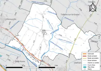 Carte en couleur présentant le réseau hydrographique de la commune