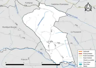Carte en couleur présentant le réseau hydrographique de la commune
