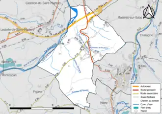 Carte en couleur présentant le réseau hydrographique de la commune