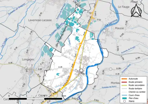 Carte en couleur présentant le réseau hydrographique de la commune