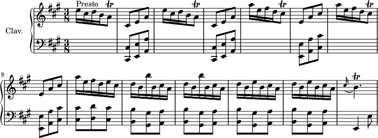 \version "2.18.2"
\header {
tagline = ##f
% composer = "Domenico Scarlatti"
% opus = "K. 26"
% meter = "Presto"
}
%% les petites notes
trillAq = { \tag #'print { a8\trill } \tag #'midi { b32 a b a } }
trillCisq = { \tag #'print { cis8\trill } \tag #'midi { d32 cis d cis } }
trillBp = { \tag #'print { b4.\trill } \tag #'midi { cis32 b cis b~ b4 } }
upper = \relative c'' {
\clef treble
\key a \major
\time 3/8
\tempo 4. = 72
\set Staff.midiInstrument = #"harpsichord"
\override TupletBracket.bracket-visibility = ##f
s8*0^\markup{Presto}
\repeat unfold 2 { e16 cis d b \trillAq | cis,8 e a } | \repeat unfold 2 { a'16 e fis d \trillCisq | e,8 a cis }
% ms. 9
a'16 e fis d e cis | \repeat unfold 2 { d b b' b, cis a } | \repeat unfold 2 { d b e b cis a } | \appoggiatura cis16 \trillBp
% ms. 15
% ms. 16
% ms. 21
}
lower = \relative c' {
\clef bass
\key a \major
\time 3/8
\set Staff.midiInstrument = #"harpsichord"
\override TupletBracket.bracket-visibility = ##f
% ************************************** \appoggiatura a8 \repeat unfold 2 { } \times 2/3 { } \omit TupletNumber
\repeat unfold 2 { s4. | < cis,, cis' >8 < e e' > < a a' > } | \repeat unfold 2 { s4. | < e e' >8 < a a' > < cis cis' > }
% ms. 9
< cis cis' >8 < d d' > < cis cis' > | \repeat unfold 4 { < b b' >8 < gis gis' > < a a' > } | e4 e'8 |
% ms. 15
% ms. 16
% ms. 21
}
thePianoStaff = \new PianoStaff <<
\set PianoStaff.instrumentName = #"Clav."
\new Staff = "upper" \upper
\new Staff = "lower" \lower
>>
\score {
\keepWithTag #'print \thePianoStaff
\layout {
#(layout-set-staff-size 17)
\context {
\Score
\override SpacingSpanner.common-shortest-duration = #(ly:make-moment 1/2)
\remove "Metronome_mark_engraver"
}
}
}
\score {
\keepWithTag #'midi \thePianoStaff
\midi { }
}
