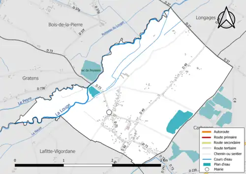 Carte en couleur présentant le réseau hydrographique de la commune