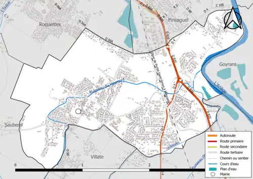 Carte en couleur présentant le réseau hydrographique de la commune