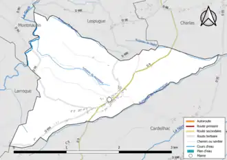 Carte en couleur présentant le réseau hydrographique de la commune