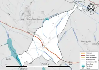 Carte en couleur présentant le réseau hydrographique de la commune