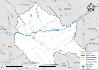 Carte en couleur présentant le réseau hydrographique de la commune