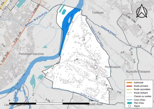 Carte en couleur présentant le réseau hydrographique de la commune