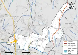 Carte en couleur présentant le réseau hydrographique de la commune