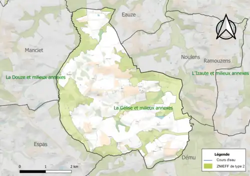 Carte de la ZNIEFF de type 2 sur la commune.