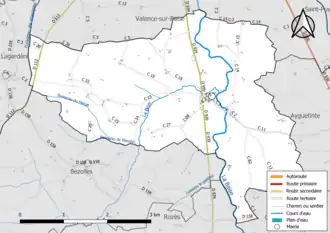 Carte en couleur présentant le réseau hydrographique de la commune