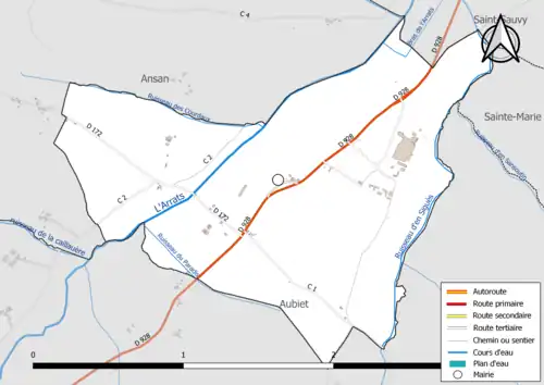 Carte en couleur présentant le réseau hydrographique de la commune