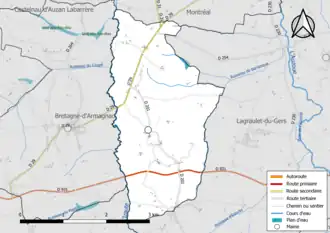 Carte en couleur présentant le réseau hydrographique de la commune