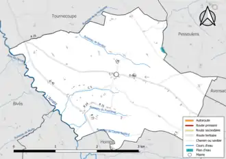 Carte en couleur présentant le réseau hydrographique de la commune