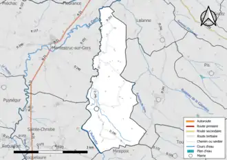 Carte en couleur présentant le réseau hydrographique de la commune