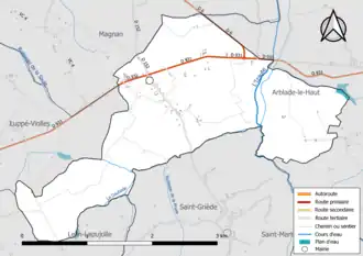Carte en couleur présentant le réseau hydrographique de la commune